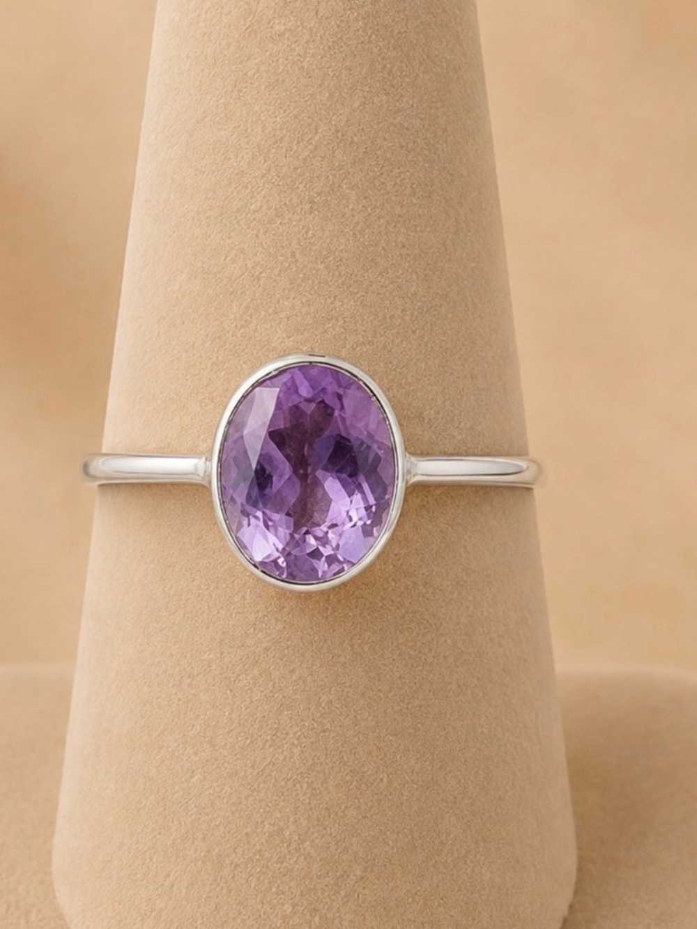 Amethyst 925 Sterling Silver Oval Faceted Bezel Set Ring Hexagonal Band 8 #663